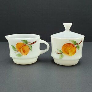 Anchor Hocking Fire King Fruit Peach Gay Fad Creamer Sugar Bowl with Lid